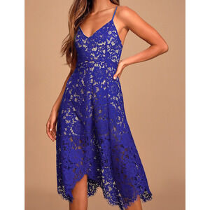 Lulu's One Wish Royal Blue Lace Midi Dress Wedding Guest Size XS